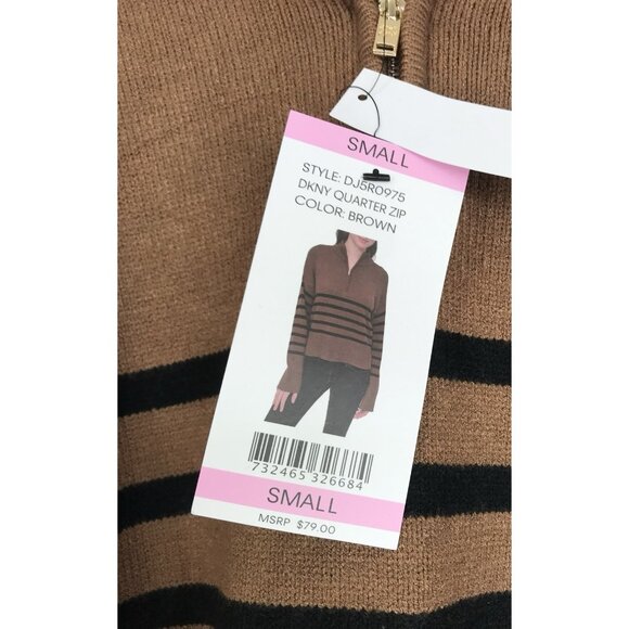 DKNY Sweater Womens Size Small Brown Black Striped 1/4 Zip Long Sleeve Ladies - Picture 7 of 9